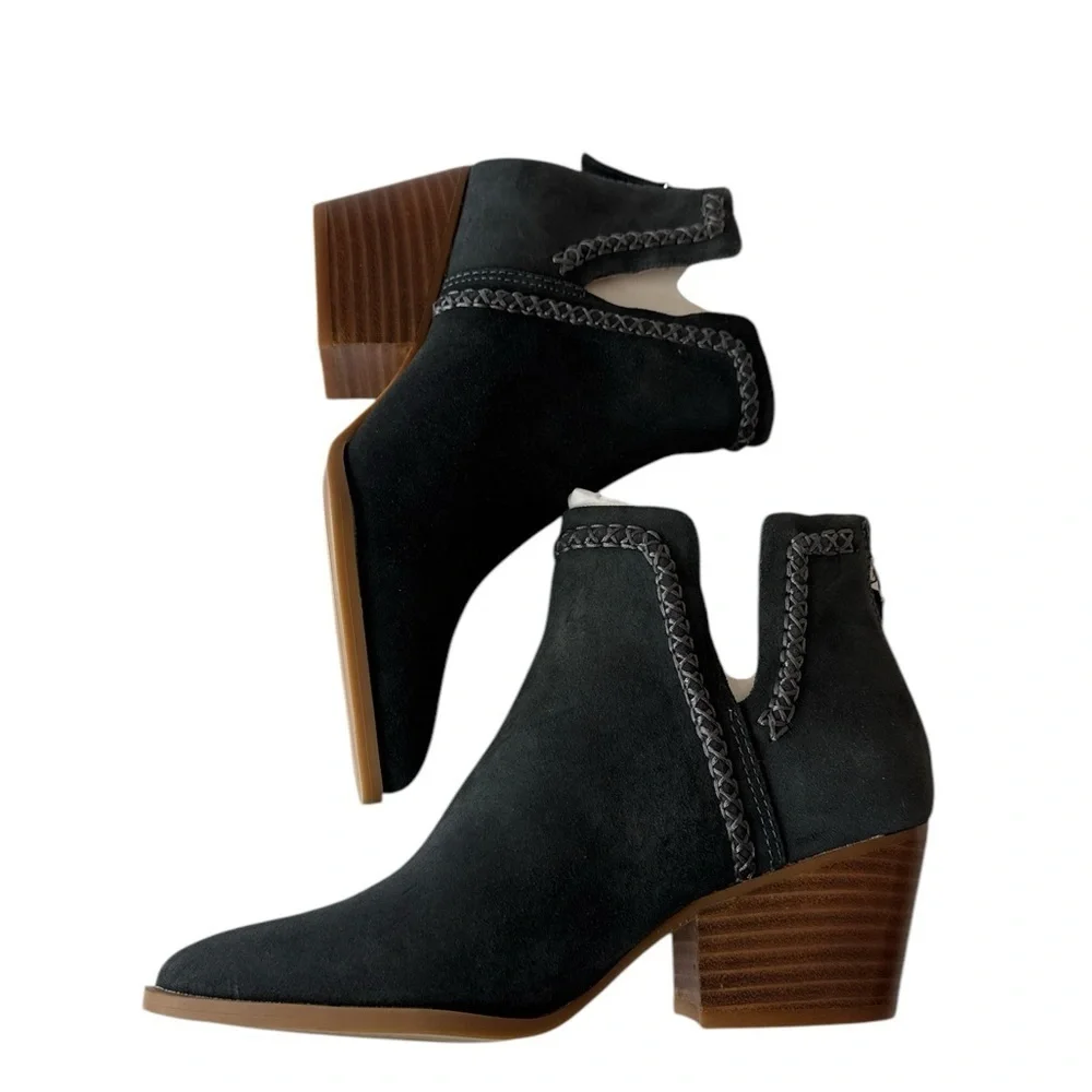 Dolce Vita Dylan Notch Side Suede Ankle Bootie Dark Gray Heel Leather Boots 6.5